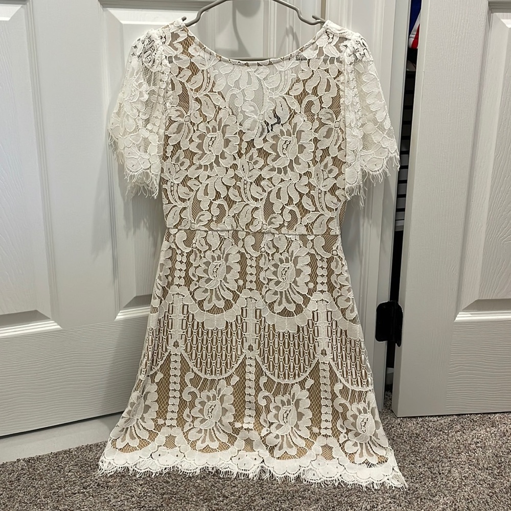 White lace Lulu’s dress for bridal shower, rehearsal dinner, bachelorette